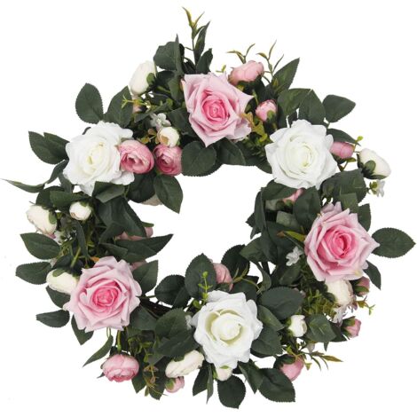 ZOLGINAH Artificielle Pivoine Fleur Guirlande À La Main en Soie Front Door Guirlande avec Feuilles Vertes pour Mur Décor À La Maison De Mariage(Couronne de Rose, 35CM)