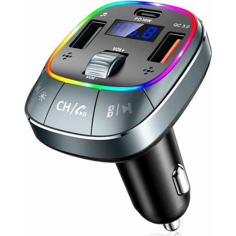 Image of ZOLGINAH Bluetooth Car, [30W PD Quick Charger + QC 3.0] Trasmettitore FM Bluetooth 5.0 con retroilluminazione a 8 colori e supporto disco U