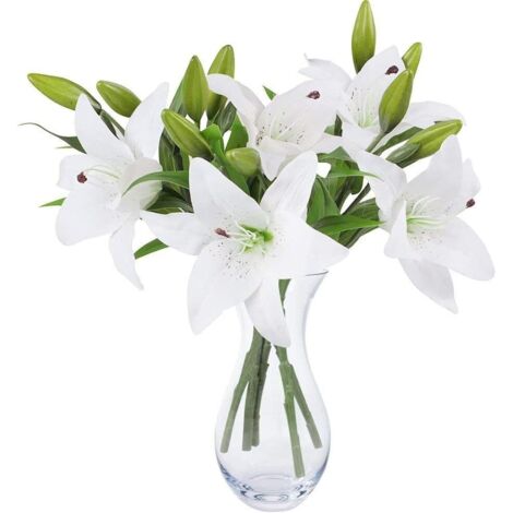 ZOLGINAH Bouquet Fleur Artificielle Lot de 5 Fausses Fleurs Artificielles Lys en Plastique pour Maison Deco Mariage Champetre Cimetiere Plante Artificielle pour Exterieur Intérieur (Blanc)