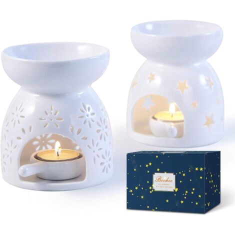 ZOLGINAH Bruleur Bougie en Céramique, Brûleur Tartelette, Set de 2 - Motif étoiles et Fleurs, Aromathérapie, Brûleur Huile Essentielle avec Porte-Bougie, pour Décoration Maison, Méditation, Idée Cadea