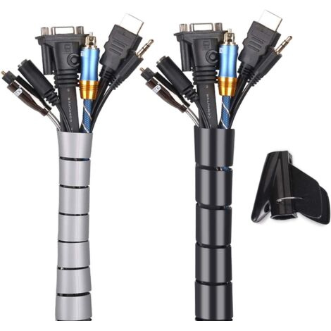 ZOLGINAH Cache Cable 2 Pack, Flexible Range Câble 2x1.5M PE Câble Rangement Organisateur de Câble pour Ranger ou Cacher les câbles, Gaine pour câbles (2.6cm Ø et 2.2cmØ),Noir et Gris
