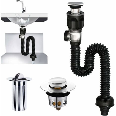 ZOLGINAH Desagüe para fregadero, sifón para fregadero, desagüe para fregadero sin rebosadero, extensible 300-955 mm para baño, cocina (negro)