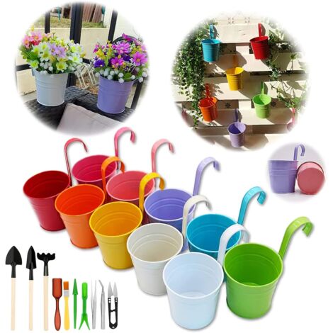 ZOLGINAH Ensemble de 10 Pots de Fleurs en Métal Vase Suspendu Panier à Planter avec des Outils de Jardin, Crochet Détachable, sans Trou de Drainage, Clôture de Jardin Balcon Décoration