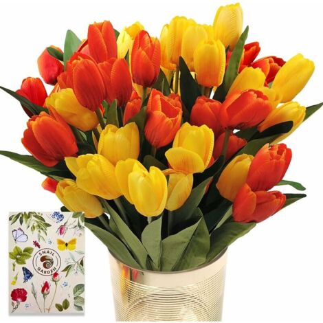 ZOLGINAH Ensemble de 36 Tulipes artificielles avec 2 Couleurs,Tulipes en Soie avec 1 Carte de voeux pour Mariage,Maison,fête,Festival,Arrangements Floraux,Cadeau de déménagement (Rouge / Jaune)