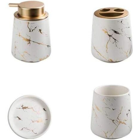ZOLGINAH Ensemble de 4 accessoires de salle de bain en céramique marbrée - Distributeur de savon, porte-brosse à dents, gobelet, porte-savon - Blanc mat