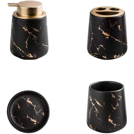 ZOLGINAH Ensemble de 4 accessoires de salle de bain en céramique marbrée - Distributeur de savon, porte-brosse à dents, gobelet, porte-savon - Noir mat