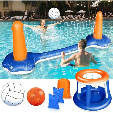 ZOLGINAH Ensemble de Volleyball Gonflable, Jeux Piscine Aire Enfant Exterieur Filet de Volleyball et Panier de Basket Jeux d'adresse flotant avec Balles