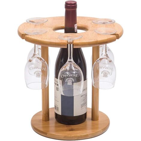 ZOLGINAH Étagère à vin et porte-bouteille, en bambou naturel avec 6 porte-verres et 1 porte-bouteille, parfait pour les amateurs de vin et les invités