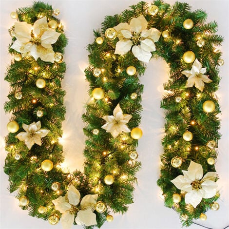 ZOLGINAH Ghirlanda di Natale, Ghirlanda di Alberi, Vite di Fiori Artificiali Decorativi, Ornamenti di Natale in Rattan in PVC da 270 cm con Luce a LED e Fiori e Palle, per la Porta del Camino