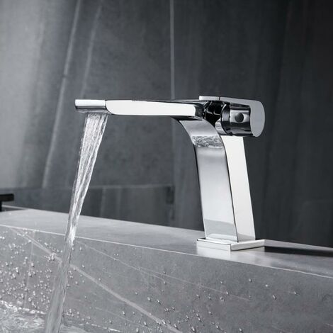 ZOLGINAH Grifo de baño, diseño minimalista moderno plateado y elegante, grifo mezclador de lavabo de cascada de latón cromado, agua fría y caliente disponible, elegante grifo de lavabo