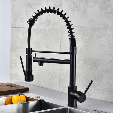 ZOLGINAH Grifo de cocina negro con ducha extraíble 2 funciones Caño giratorio 360° Grifería de muelle de latón Grifo monomando para fregadero