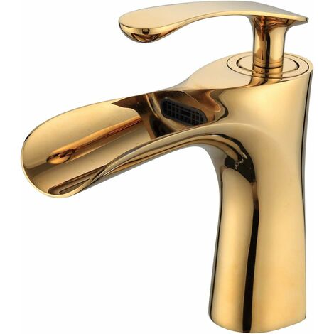 ZOLGINAH Grifo de lavabo de baño de lujo, grifos de cascada de un solo mango, acabado en oro pulido, para baño de 1 orificio