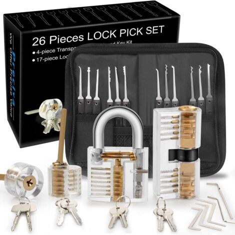 ZOLGINAH Kit de Crochetage Serrure, Preciva 26-Pièce Lock Picking Kit, Outils de D’entraînement avec 4 Serrure Transparente pour Serruriers Débutant et Pro (Or)
