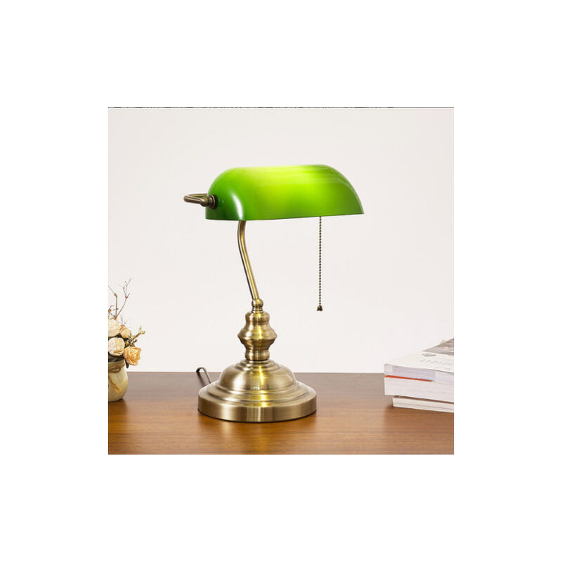 Image of Lampada da banchiere verde - Lampada da scrivania da comodino vintage retrò - Notaio, Avvocato, Biblioteca - Base E27 - Vetro opalino - Interruttore