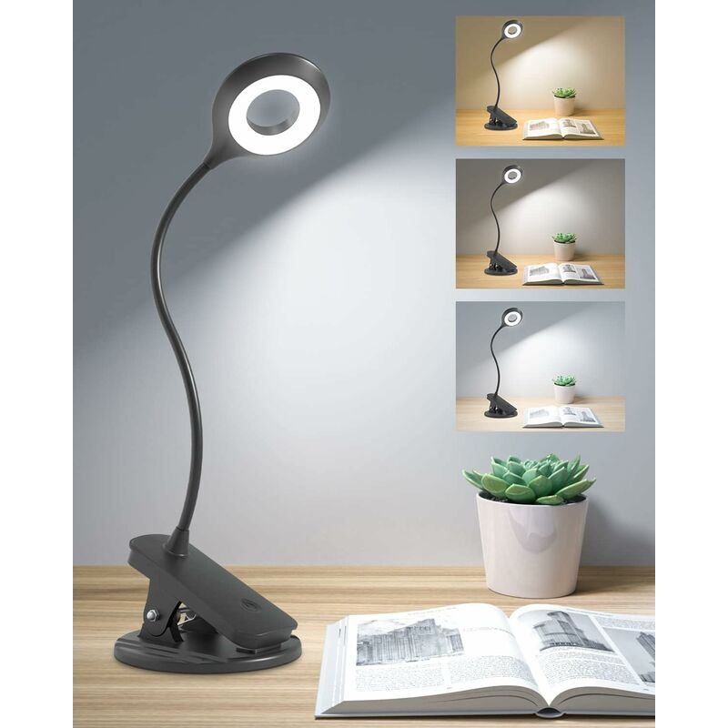 Image of Lampada da scrivania con morsetto, Lampada con morsetto a regolazione continua a 3 colori per letto, Lampada da lettura flessibile a 360° Lampada da