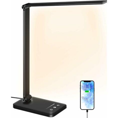 ZOLGINAH Lámpara de escritorio LED, lámparas de mesa regulables 5 niveles de brillo 5 modos de color, control táctil de protección ocular, con puerto USB/función de temporizador plegable/giratorio
