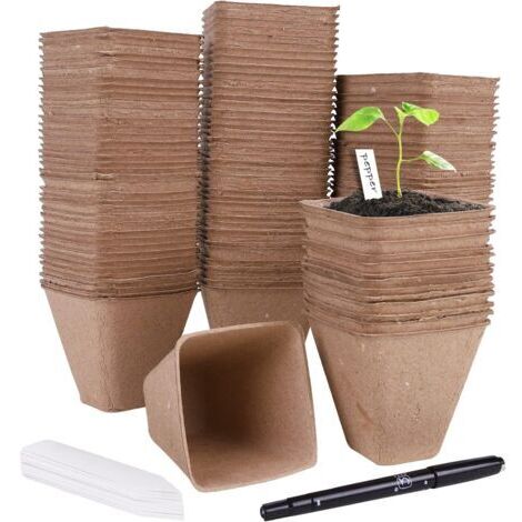 Zolginah – Lot de 120 pots de semis biodégradables 8cm – Godets de repiquage flexibles avec trous de drainage – 30 étiquettes plantes incluses