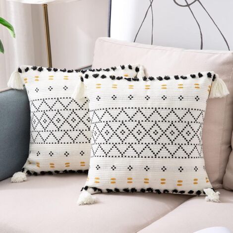ZOLGINAH Lot de 2 Housse de Coussin Moderne Boheme Tissée en Coton Taie d'oreiller à Motif Géométrique Décoration pour Salon Canapé Chambre Maison 45 x 45 cm, Noir et Blanc