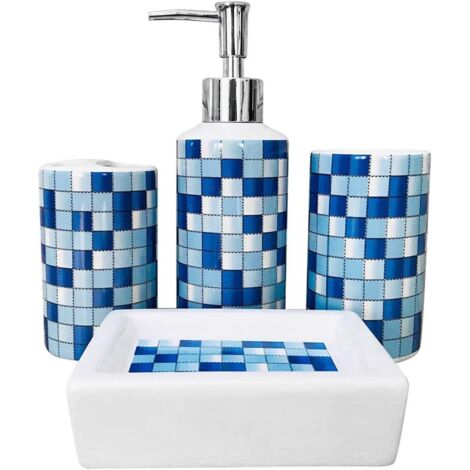ZOLGINAH Lot de 4 accessoires de salle de bain en céramique - Design moderne - Distributeur de savon, porte-brosse à dents, gobelet, porte-savon (mosaïque bleue)
