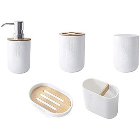 ZOLGINAH Lot de 5 pièces en bambou pour salle de bain - Support de brosse à dents en verre - Distributeur de savon - Bol de savon - Accessoires de salle de bain