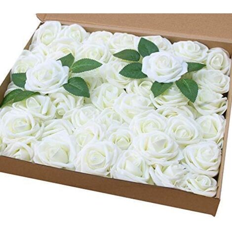 ZOLGINAH Lot de 50 roses artificielles de couleur ivoire à l'aspect et au toucher naturel, pour des bouquets personnalisés de mariage, une fête prénatale ou la décoration d'une maison