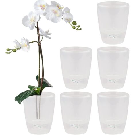 ZOLGINAH Lot de 6 pots à orchidée à arrosage automatique avec système de mèche et indicateur de niveau d'eau pour l'intérieur Diamètre 12 cm Transparent 1,3 l