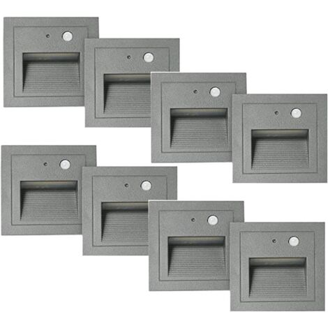 ZOLGINAH Lot de 8 LED Spot Mural Encastré 3W Applique Murale Escalier Etape Lumière Lampe Détecteur de Mouvement Sol Encastré Lumière Escalier Lumière Hall Lampe 2800K Blanc Chaud-Cadre Blanc-gris Cha