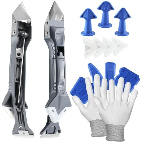 ZOLGINAH Outils de l'enlève joint 5 en 1(acier inoxydable) grattoir, kit de Lisseur de joints Silicone grattoir à coulis avec grattoir d’angle, Joint Calfeutrage Outils, Buse de calfeutrage, Gants de 