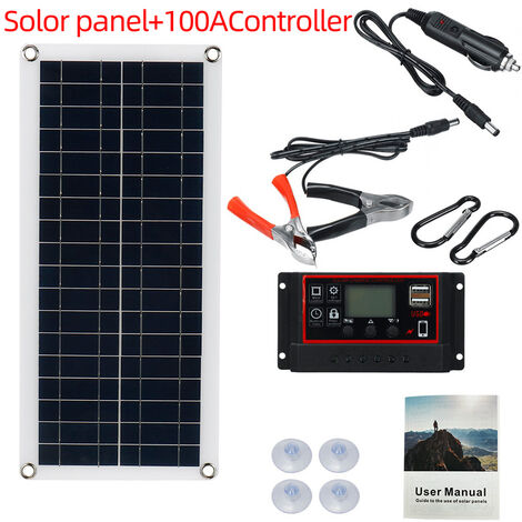 ZOLGINAH Panel solar monocristalino de 10 W 18 V con controlador de carga solar de 100 A + clip de cocodrilo impermeable para coche, RV, barco, techo, autocaravana
