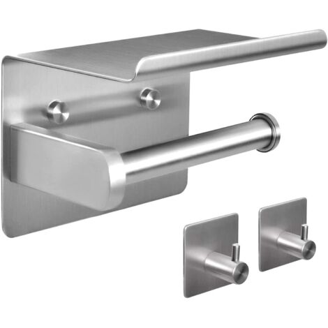 ZOLGINAH Porte Papier Toilette, Porte Rouleau de Papier Toilette avec Etagère de Téléphone, Acier INOX 304, sans Perçage Support Mural pour Salle de Bain (Nickel Brossé)