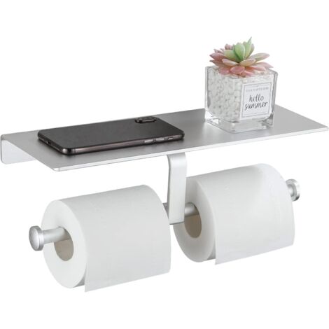 ZOLGINAH Porte Rouleau de Papier Toilette Hygiénique sans Perçage avec Etagère de Téléphone Portable Support Mural Double pour Salle de Bains (Argent)