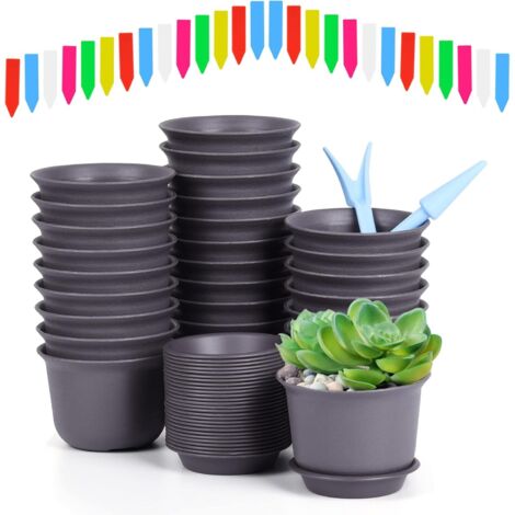 ZOLGINAH Pot de Plante Ronds avec Soucoupe 9 cm, 28 Pcs Pots de Jardinière et 50xÉtiquettes + 2xOutil, Petit Pot de Fleurs Conteneur de Plantes Pot de Semis Ronds Jardinage pour Interieur, Exterieur