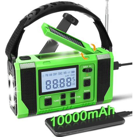 ZOLGINAH Radio de emergencia de 10000 mAh, radio de manivela, radio solar/manivela AM/FM/SW/WB cargador de batería, linterna LED, alarma SOS para senderismo