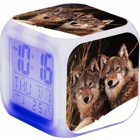 ZOLGINAH Réveil LED Wolf - Pour enfant - Réveil de chevet - Carré - Écran LCD éclairé - Motif loup (10)