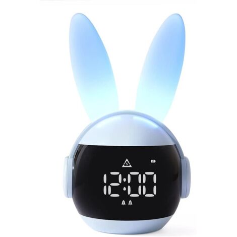 ZOLGINAH Réveils lumineux pour enfants , veilleuses de lapin , 90 jours d'autonomie en veille, facile à configurer, 6 sonneries, répétition, rechargeable, horloge d'entraînement au sommeil (bleu)