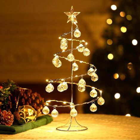 ZOLGINAH Sapin de Noël de Table Lumineux en Plastique & Métal, Lampe LED Décorative en Forme d'arbre de Noël, Decoration de Noël Brillante avec Boules de Cristal pour Bureau Maison Chambre, Argent
