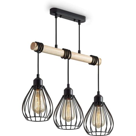ZOLGINAH Suspension Industriel avec 3 Lumières E27 Base, Vintage Lustre en Métal et Bois, Cage Lampe à Suspension Longueur Ajustable pour Salle à Manger Chambre, 42cm Noir Sans Ampoule [Classe énergét
