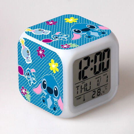 Reloj despertador de Stitch de dibujos animados de Disney, luz LED Digital  que cambia de Color