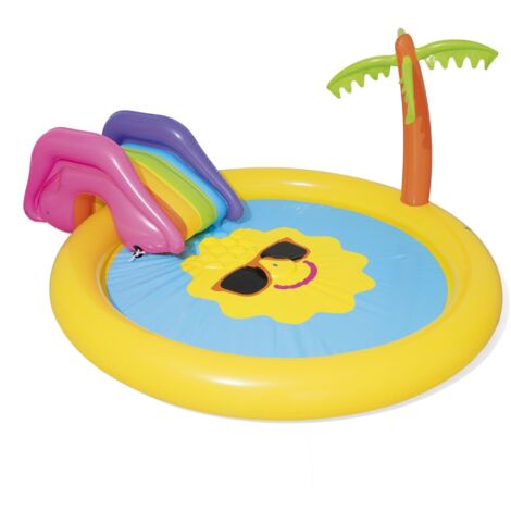 Zona de juegos con piscina infantil Sunny Island de 237 x 201 x 104 cm con tobogán y aspersor.