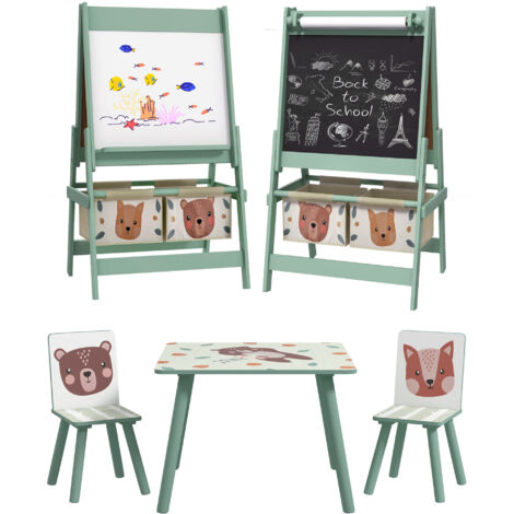 ZONEKIZ conjunto para niños incluye 1 mesa con 2 sillas infantiles y 1 caballete 3 en 1 con cestos para dormitorio sala de juegos verde