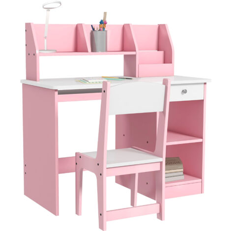 ZONEKIZ Kids Desk and Chair Set with Storage for 5-8 Years Pink