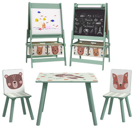 ZONEKIZ Kids Table and Chairs and Kids Easel Set with Storage, Green