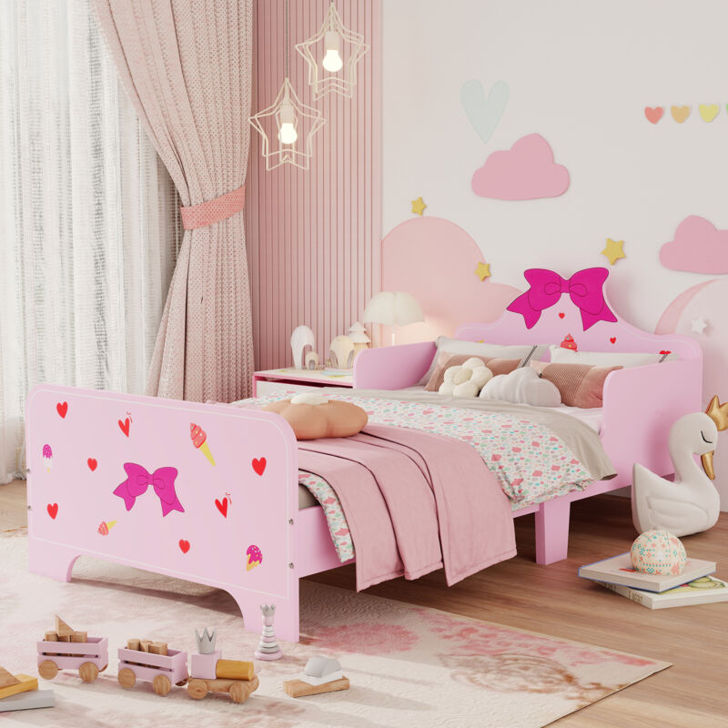 Kids Toddler Bed w/ Cute Patterns, Safety Rails - Pink - Zonekiz