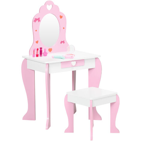 ZONEKIZ Kids Vanity Set w/ Mirror, Drawer, Cute Patterns, for Girls - Pink