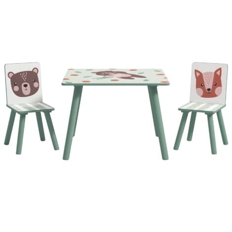 ZONEKIZ Kindertisch mit 2 Stühlen, 3tlg höhenverstellbar Kindersitzgruppe aus Holz mit niedliches Tiermotiv Sitzgruppe für Kinder Kindermöbel für Kinderzimmer, Kindergärten, 60 x 60 x 44 cm Grün