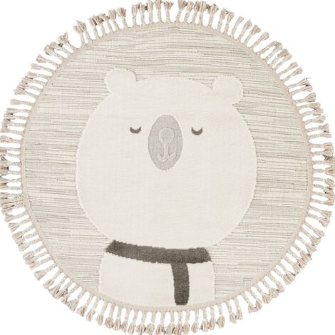 ZOOLIA - Tapis rond enfant doux texturé ours blanc 130x130