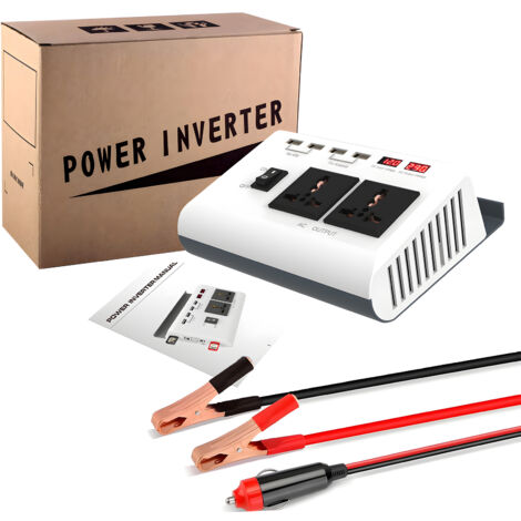 Zoternen 12 V 220 V 300 W Auto-Wechselrichter, Zigarettenanzünder-Ladekonverter mit 2 AC-Steckdosen und 4 USB-Anschlüssen und Batterieclip