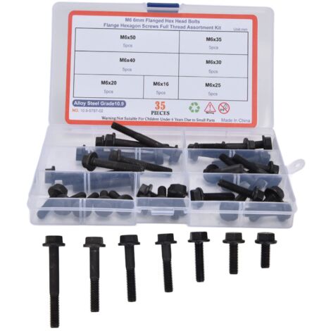 Zoternen 35-teilige M6 Flanschschraube, 10.9 Level Karbonstahl Sechskantschrauben, Flanschschrauben-Sortiment-Set Schwarz für Industrielle Fertigung und Outdoor-Reparaturen