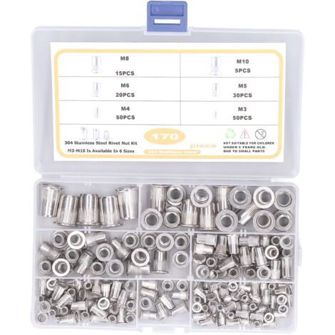 Zoternen Fafeicy 170 pezzi Assortimento di dadi per rivetti M3 M4 M5 M6 M7 M8 in acciaio inossidabile Dadi per rivetti a testa piatta Dadi per rivetti