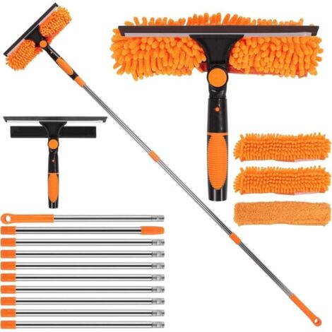 Zoternen Kit de nettoyage de vitres extra long 2 en 1 extensible de 4,5 m avec raclette en microfibre pour fenêtres hautes, murs et voitures (orange)